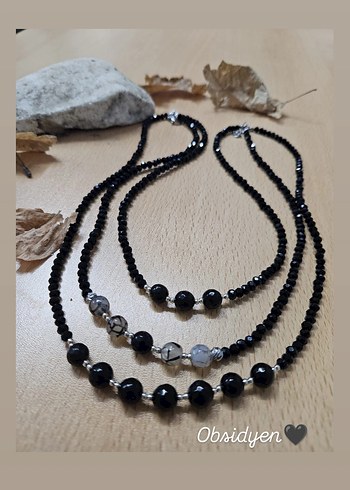 Uzun Siyah Boncuklu Gotik Kolye Obsidyen