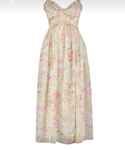 Ekru çiçek desenli fırfırlı astarlı şifon maxi elbise - Görsel 6