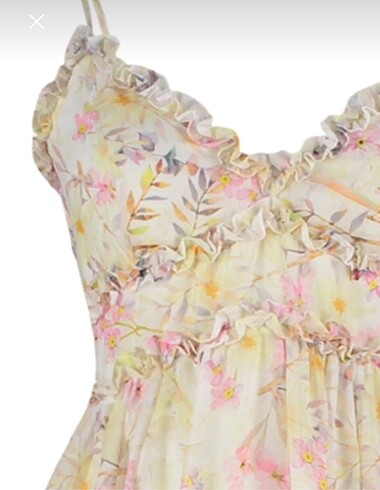 Ekru çiçek desenli fırfırlı astarlı şifon maxi elbise - Görsel 7