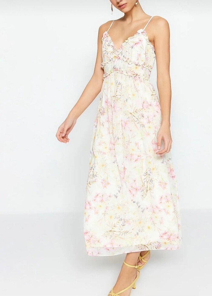 Ekru çiçek desenli fırfırlı astarlı şifon maxi elbise - Görsel 2