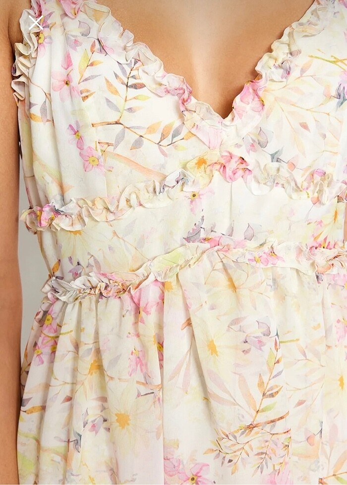 Ekru çiçek desenli fırfırlı astarlı şifon maxi elbise - Görsel 4