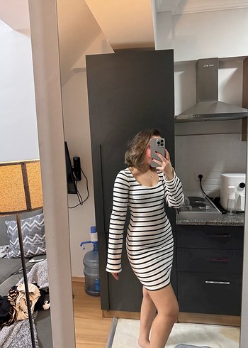 Çizgili Uzun Kollu  Kadın Elbise - Görsel 3