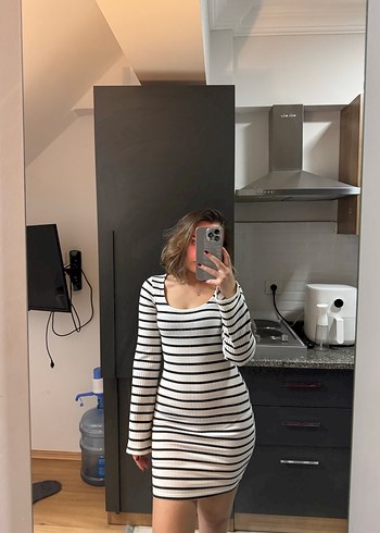 Çizgili Uzun Kollu  Kadın Elbise - Görsel 2