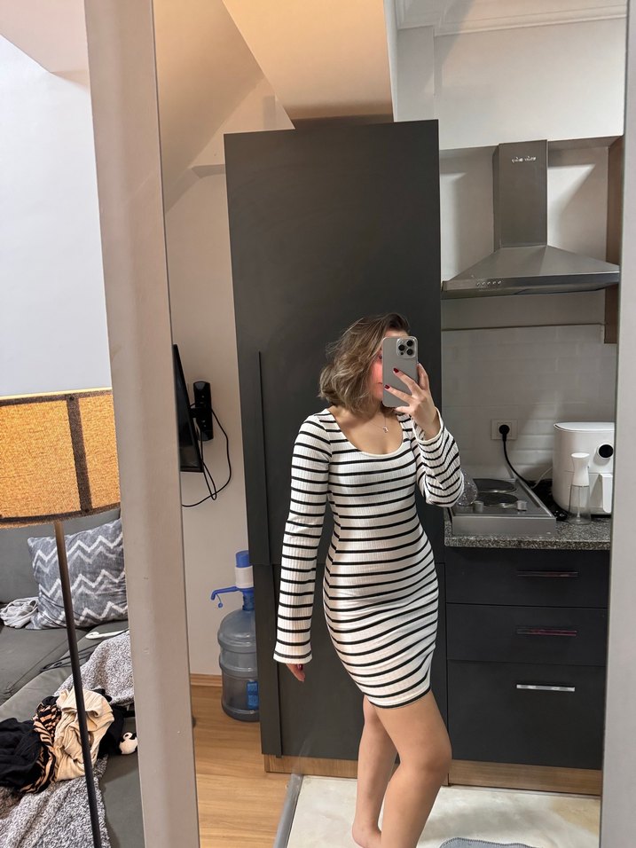 Çizgili Uzun Kollu  Kadın Elbise - Görsel 3