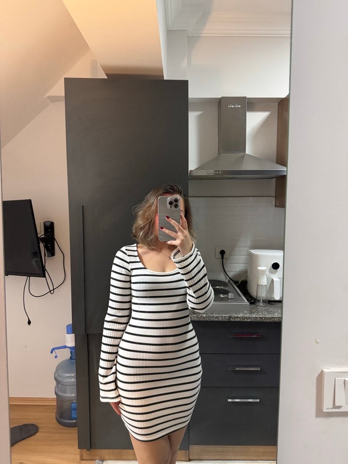 Çizgili Uzun Kollu  Kadın Elbise - Görsel 5