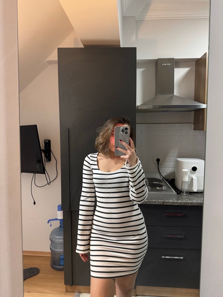 Çizgili Uzun Kollu  Kadın Elbise - Görsel 2