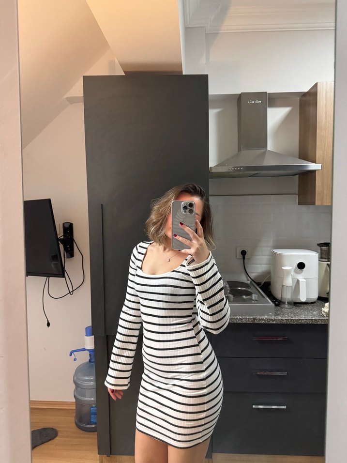 Çizgili Uzun Kollu  Kadın Elbise - Görsel 4