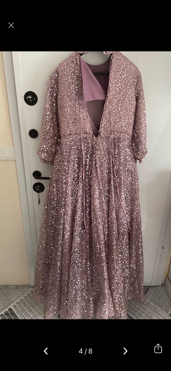 Uzun Kollu Yüksek Yakalı Mor Drapeli Abiye - Görsel 2