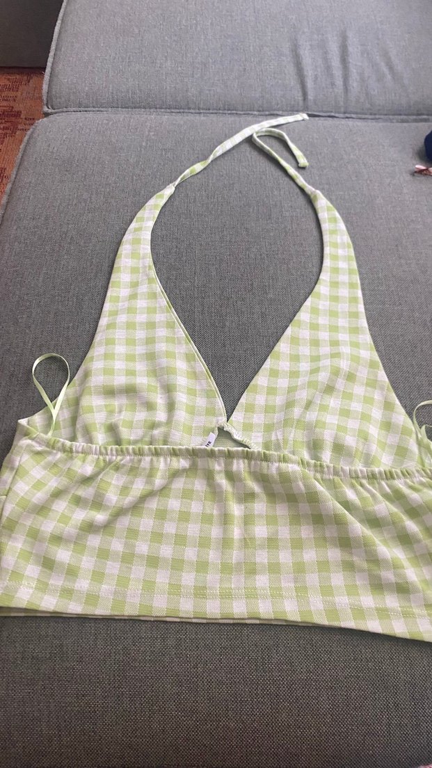 Pastel Yeşil Beyaz Kareli Halter Bikini Üstü — görsel 2/4