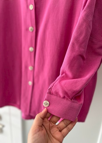 Pembe Keten Düğmeli Kadın Gömlek - Görsel 3
