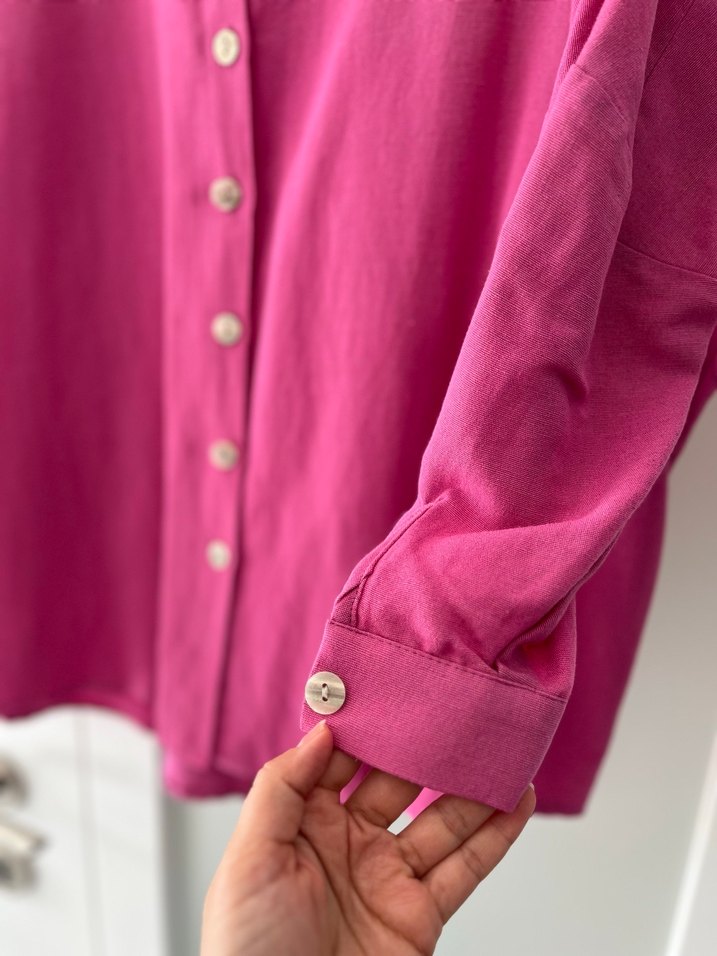 Pembe Keten Düğmeli Kadın Gömlek - Görsel 3