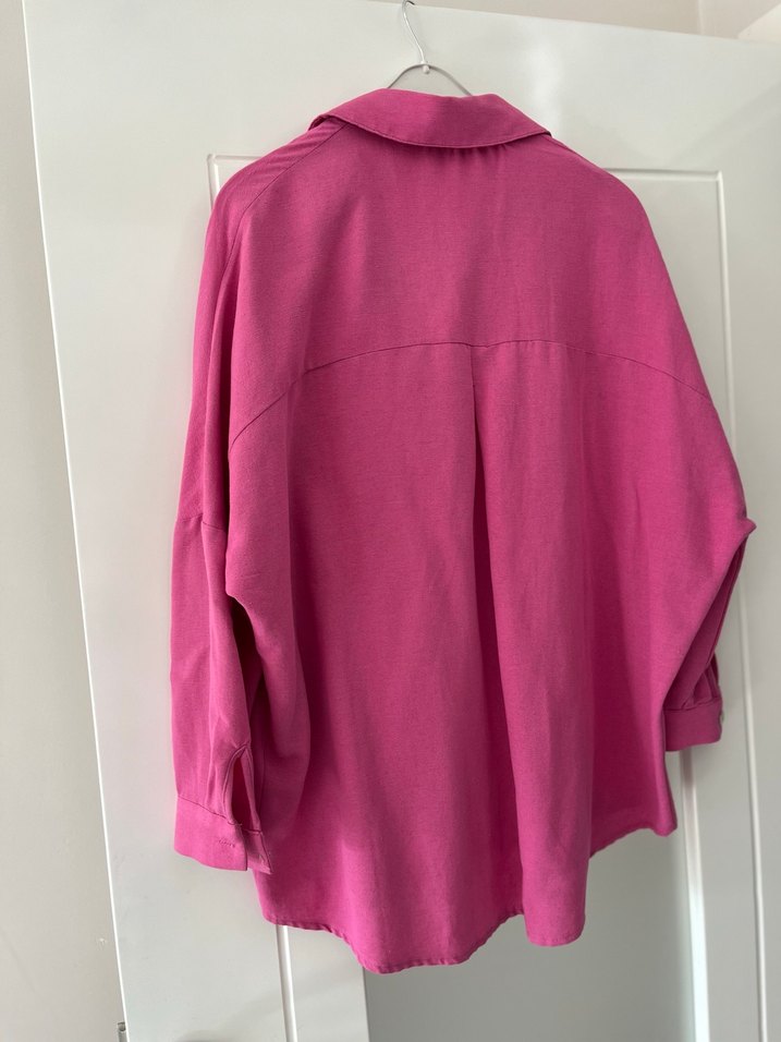 Pembe Keten Düğmeli Kadın Gömlek - Görsel 4