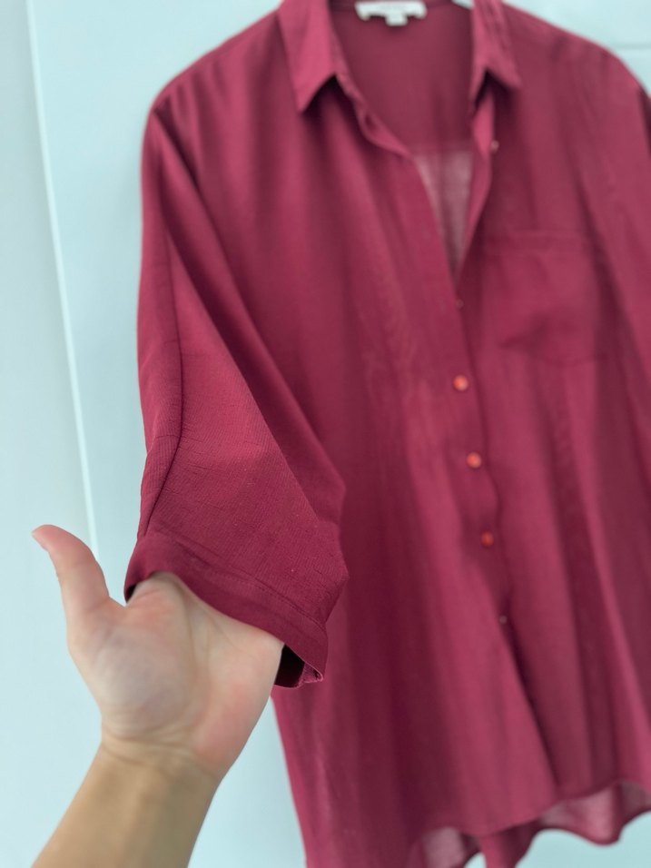 Bordo Kadın Keten Gömlek - Görsel 3