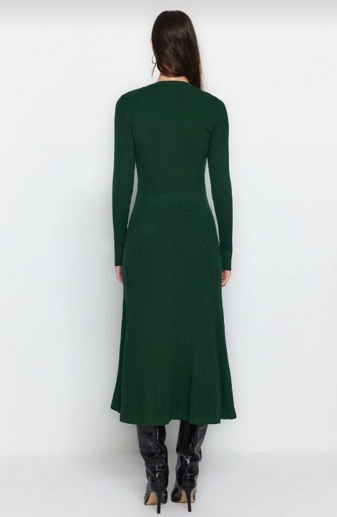 Uzun Kollu Koyu Yeşil Elbise - Görsel 4