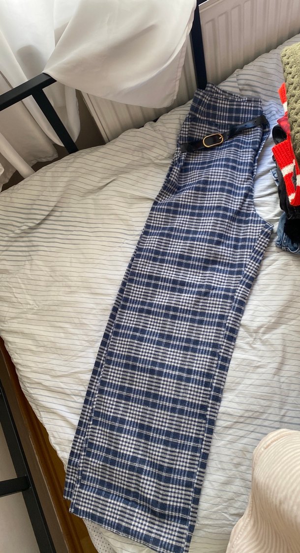 Kadın Mavi Ekose Kumaş Pantolon - Görsel 3