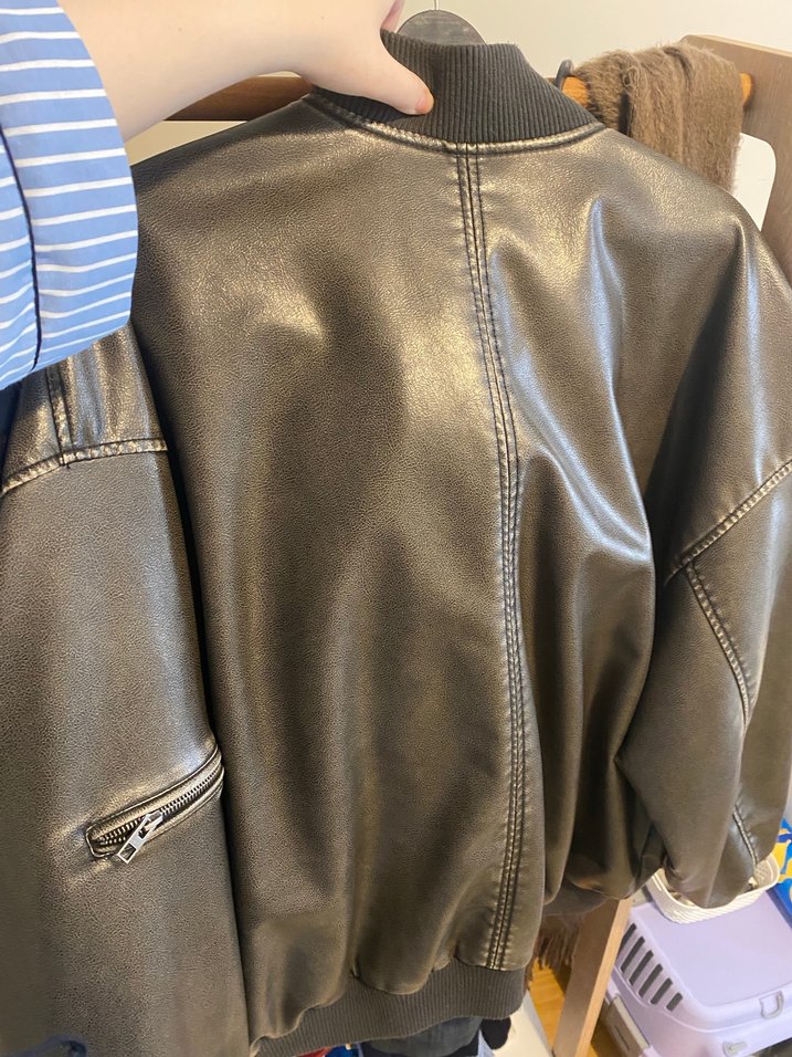 Gri Deri Kadın Ceket, Fermuarlı, oversize - Görsel 2