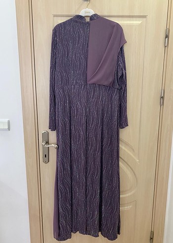 Uzun Kollu Mor Drapeli Abiye Elbise - Görsel 4