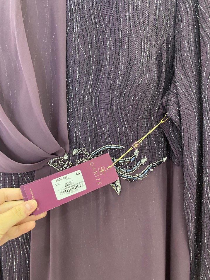 Uzun Kollu Mor Drapeli Abiye Elbise - Görsel 3