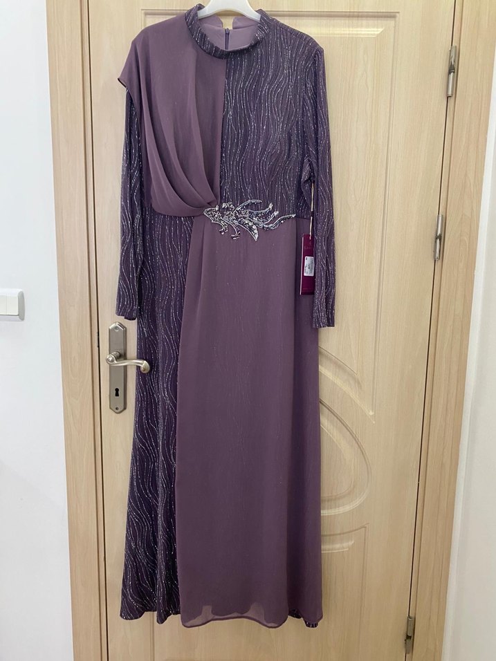 Uzun Kollu Mor Drapeli Abiye Elbise - Görsel 2