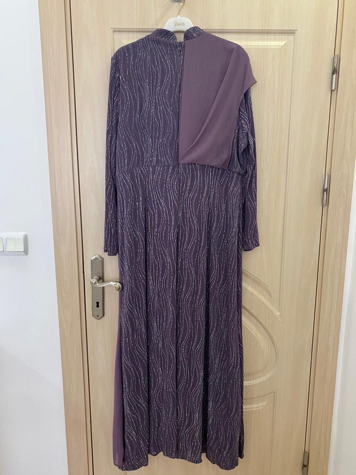 Uzun Kollu Mor Drapeli Abiye Elbise - Görsel 4
