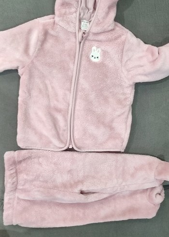 Pembe Peluş Bebek Kız Takımı Kapüşonlu - Görsel 4