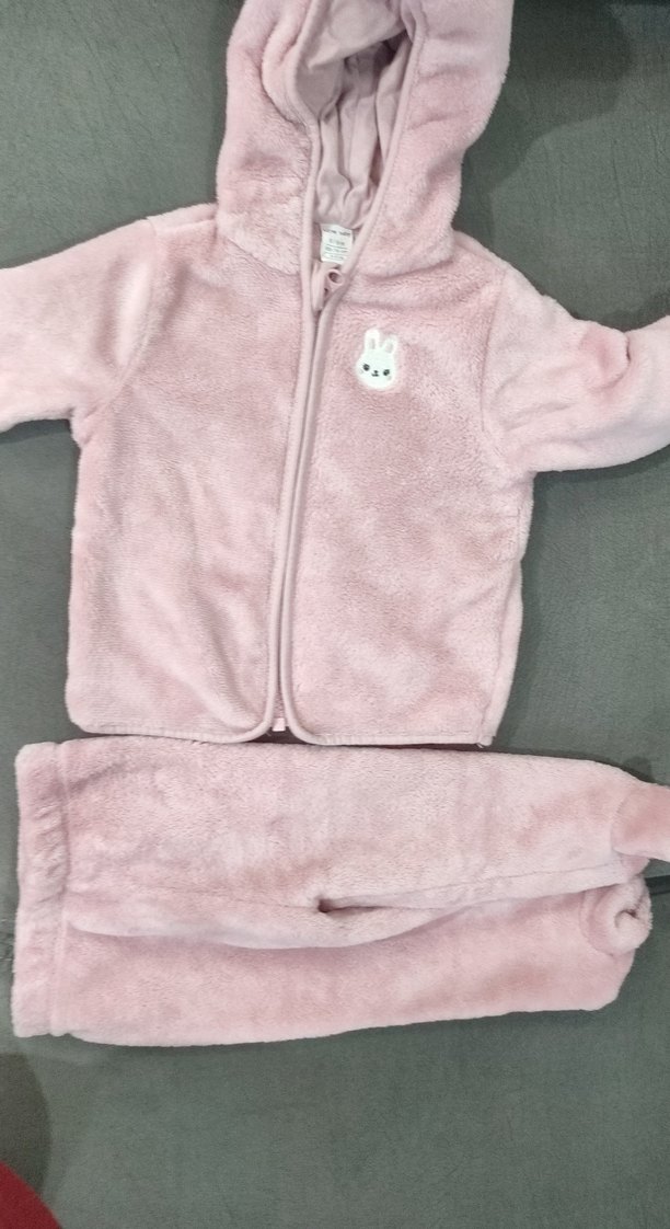 Pembe Peluş Bebek Kız Takımı Kapüşonlu - Görsel 4