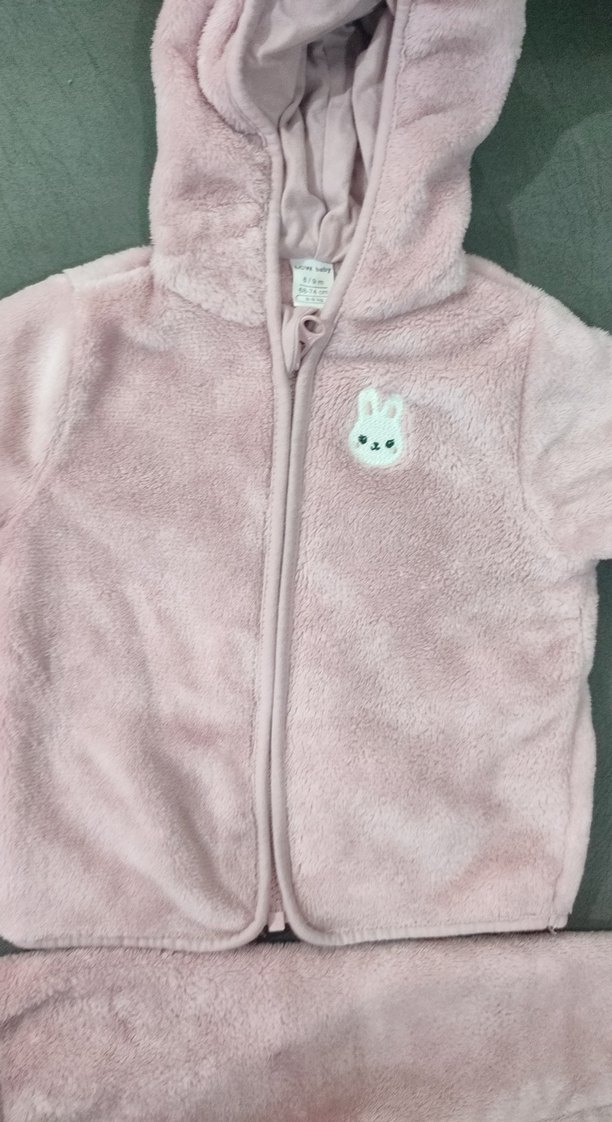 Pembe Peluş Bebek Kız Takımı Kapüşonlu - Görsel 3