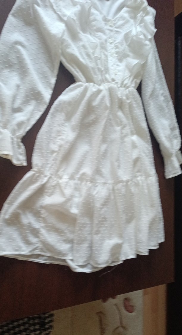 Beyaz Fırfırlı Midi Keten Elbise - Görsel 3