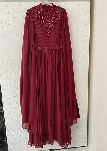 Bordo Vintage Nakışlı Uzun Kollu Abiye Elbise
