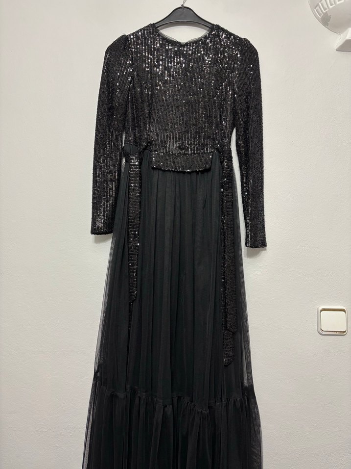 Uzun Kollu Siyah Pilili Abiye Elbise - Görsel 2