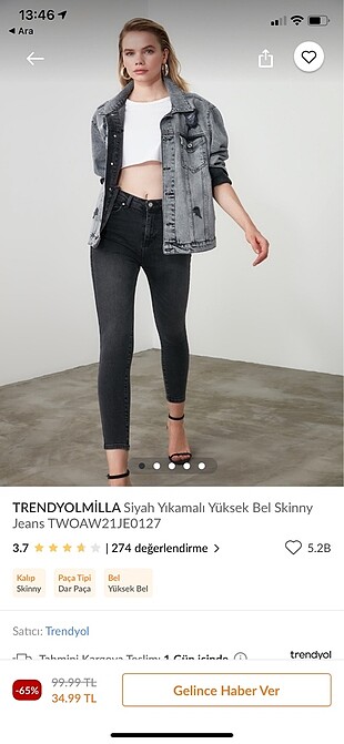 Trendyolmilla siyah Yüksel bel Skinny jean 38 beden