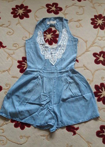 Bayan Dantel Detaylı Denim Tulum - Görsel 2