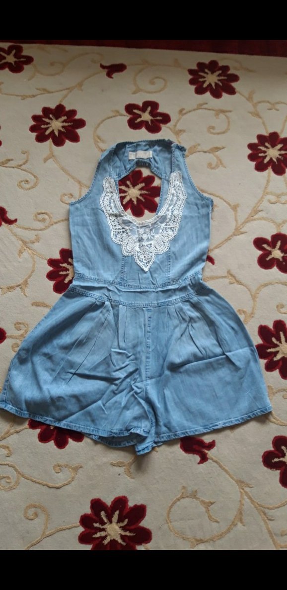 Bayan Dantel Detaylı Denim Tulum - Görsel 2