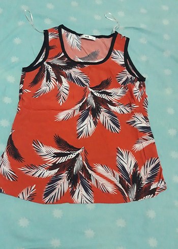 Turuncu Yaprak Desenli Kolsuz Mini Bluz - Görsel 4