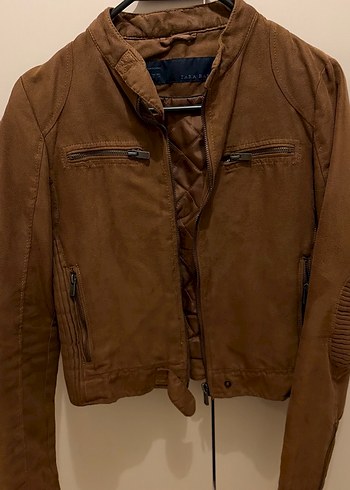 ZARA Kadın SMALL Kahverengi Süet Biker Ceket - Görsel 5