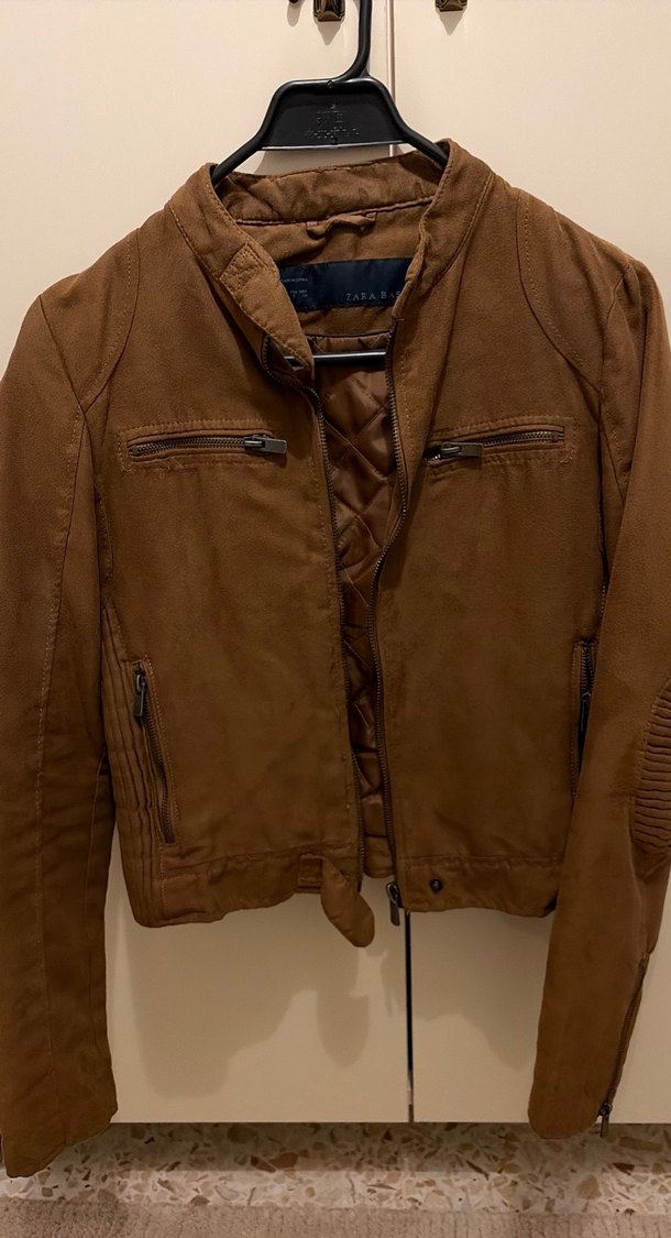 ZARA Kadın SMALL Kahverengi Süet Biker Ceket - Görsel 5