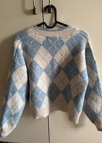 MANGO Bej Mavi Baklava Desenli V Yaka Triko Hırka - Görsel 4