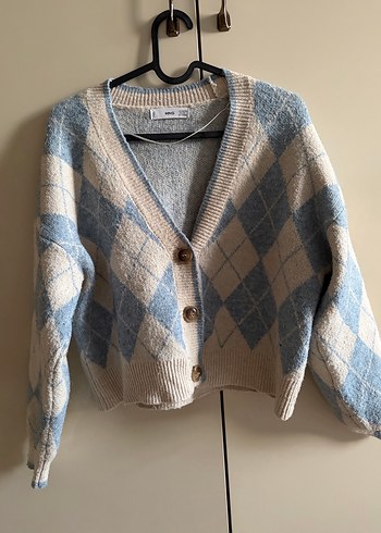 MANGO Bej Mavi Baklava Desenli V Yaka Triko Hırka - Görsel 2