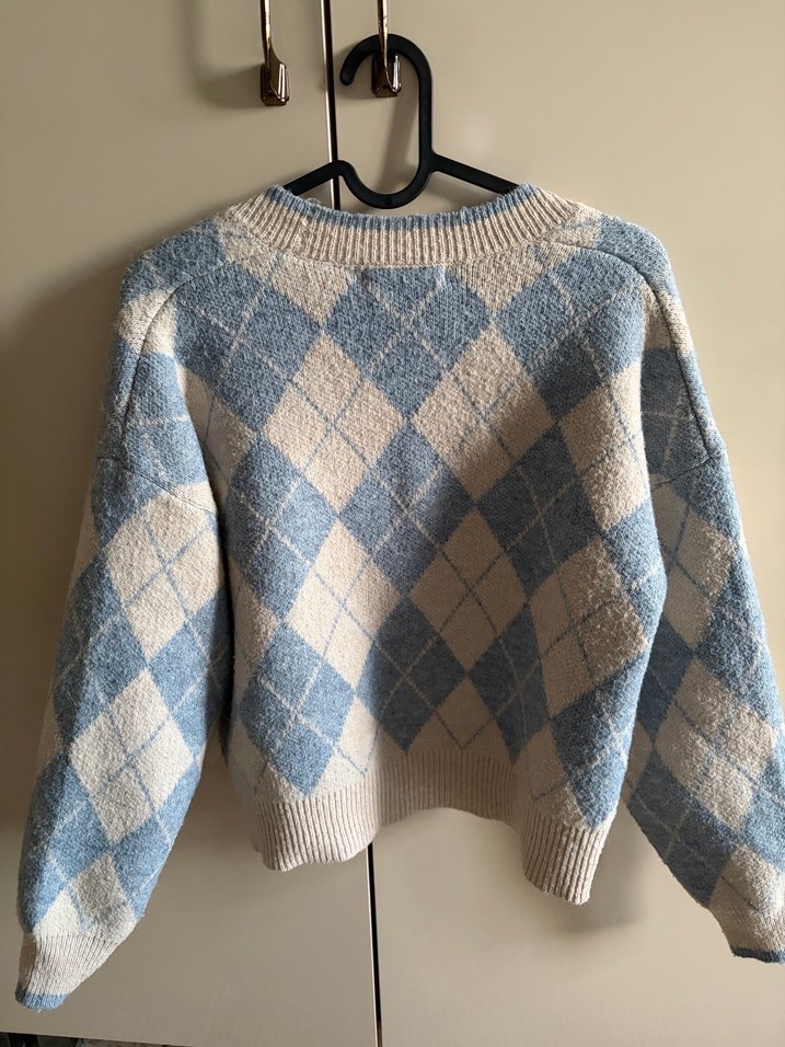 MANGO Bej Mavi Baklava Desenli V Yaka Triko Hırka - Görsel 4