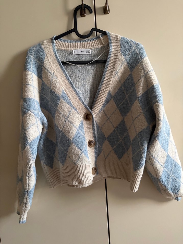 MANGO Bej Mavi Baklava Desenli V Yaka Triko Hırka - Görsel 2