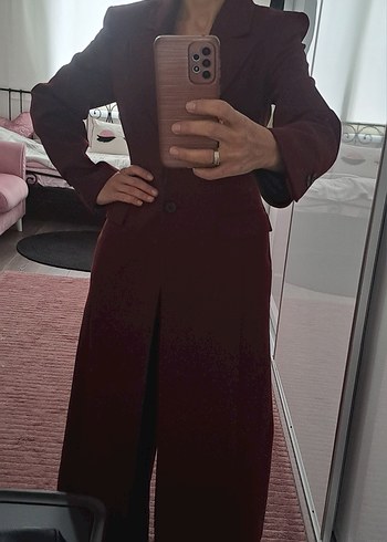 Zara Bordo Slim Fit Uzun Kaban - Görsel 8