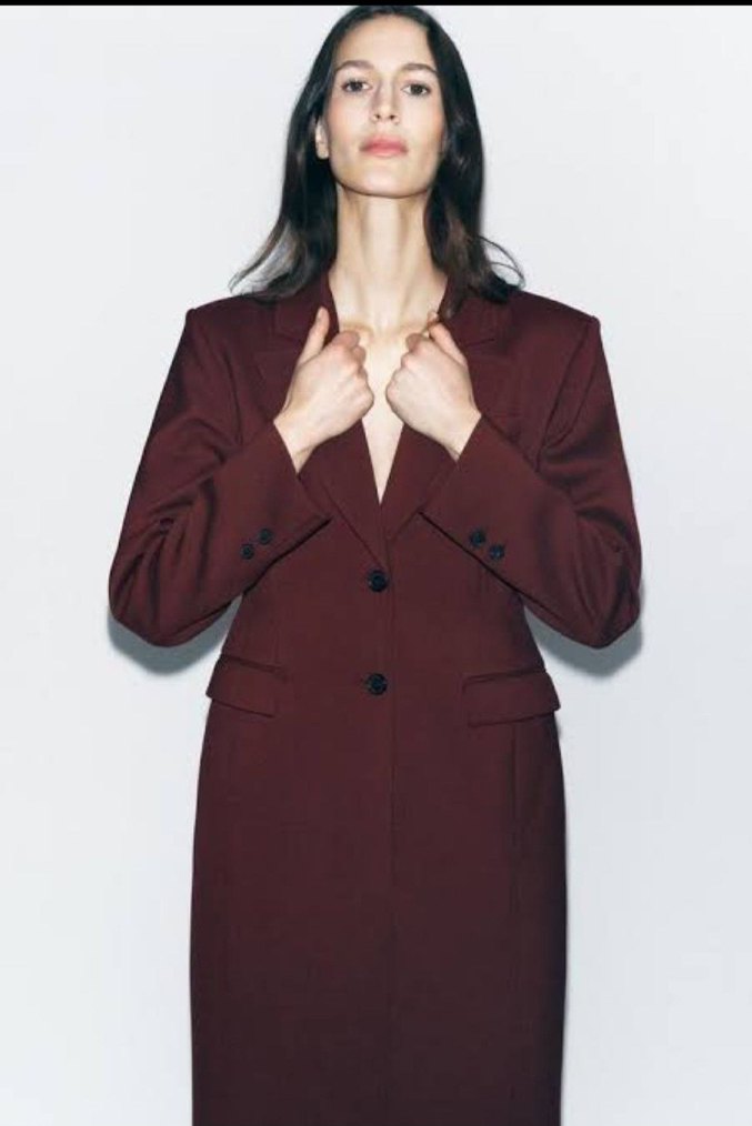 Zara Bordo Slim Fit Uzun Kaban - Görsel 3