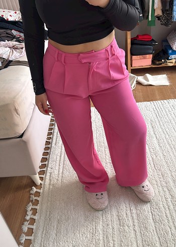 Pembe Yüksek Bel Pileli Palazzo Pantolon - Görsel 4