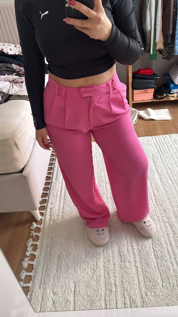 Pembe Yüksek Bel Pileli Palazzo Pantolon - Görsel 4