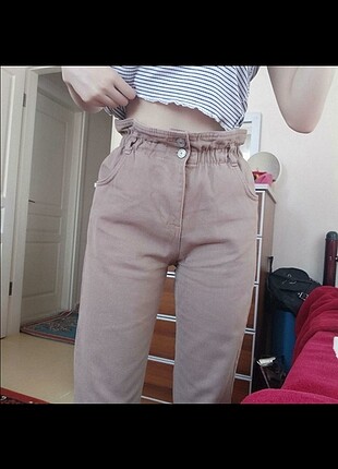 Bej rengi beli lastikli mom jean