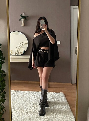 Zara Keten bohem şort dökümlü bluz takım