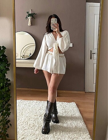 Saten bohem kruvaze şort crop takım