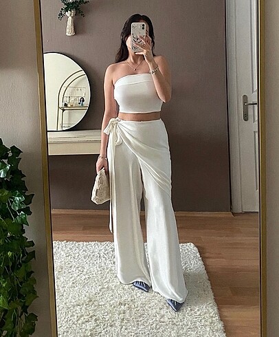 Bohem kruvaze bağcıklı pantolon takım