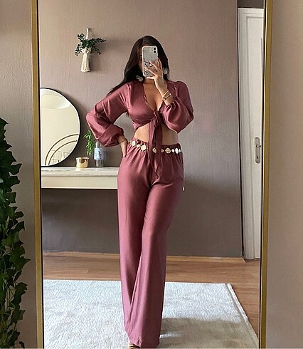 Zara Kruvaze bağlamalı bluz pantolon takım gül kurusu