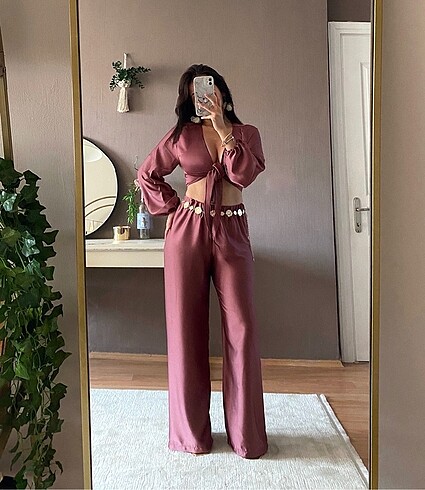 Kruvaze bağlamalı bluz pantolon takım gül kurusu